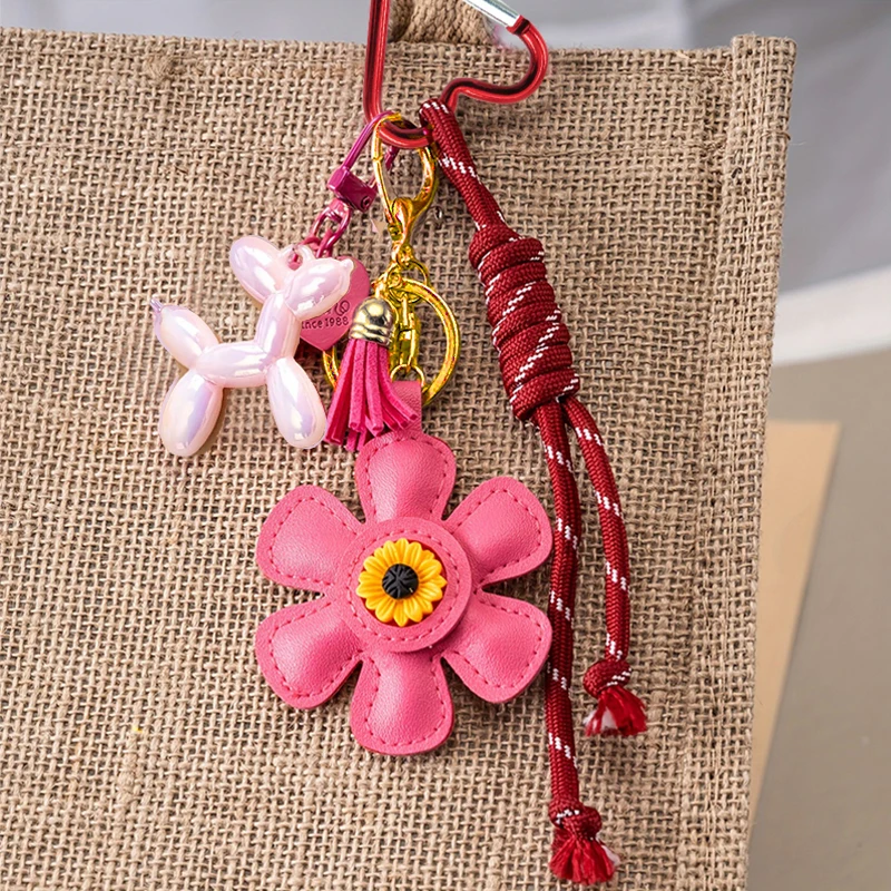 PU Leather Sunflower Balloon Dog Pendant Keychain Creativity Woven Rope Tassel Design Bag Hanging Piece Madam Accessories