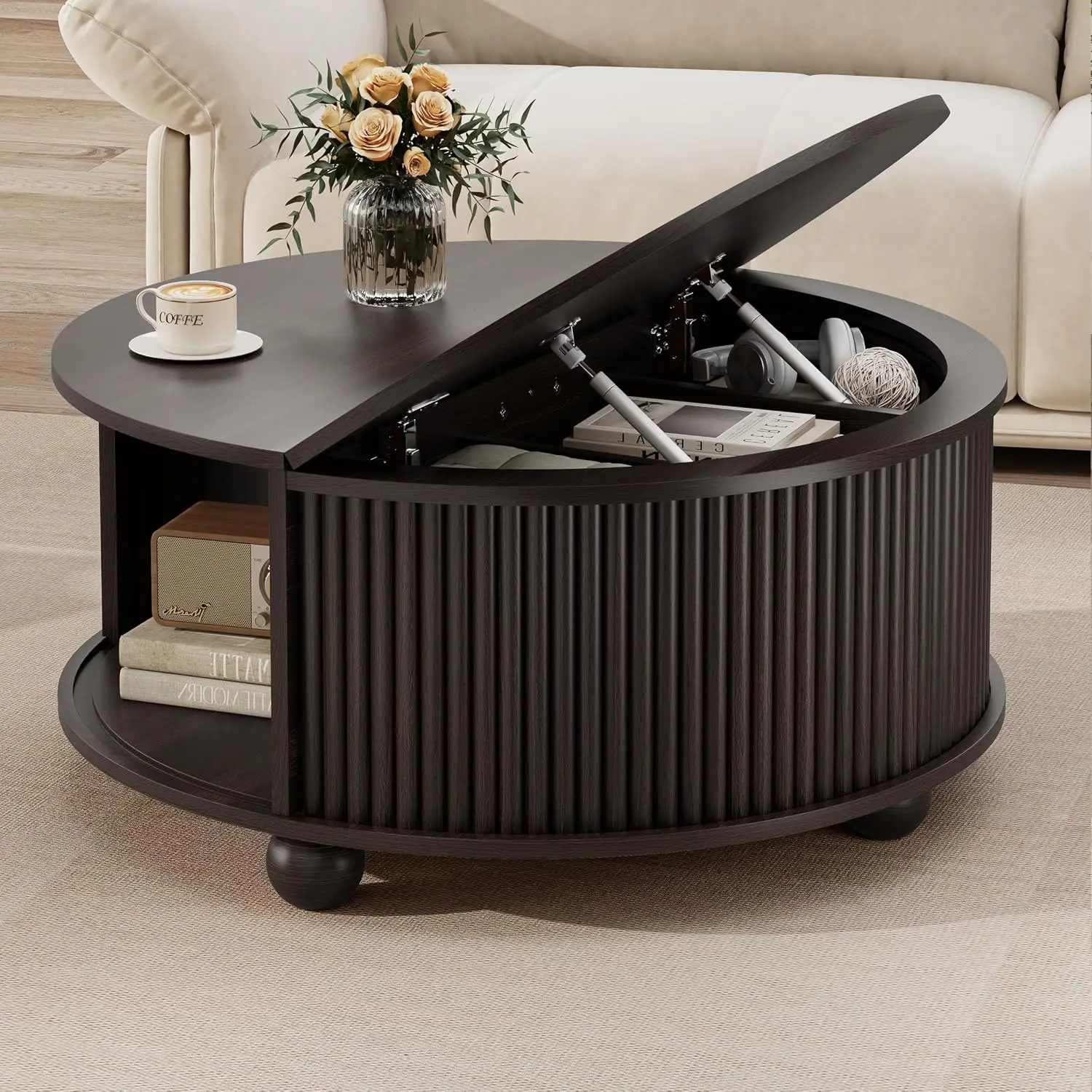 31.5 Inch Fluted Round Drum Coffee Table With Sliding Cabinet Door Storage Accent Side Table Suitable For Living Room Compact Small Apartment Space Dark Walnut Finish view 4