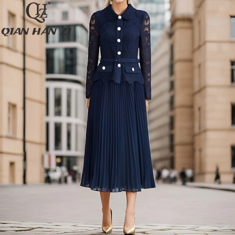 

QHZ Fashion Vintage Dress Women long sleeves Single Breasted embroider lace Splicing Pleats Belt slim long dress for party