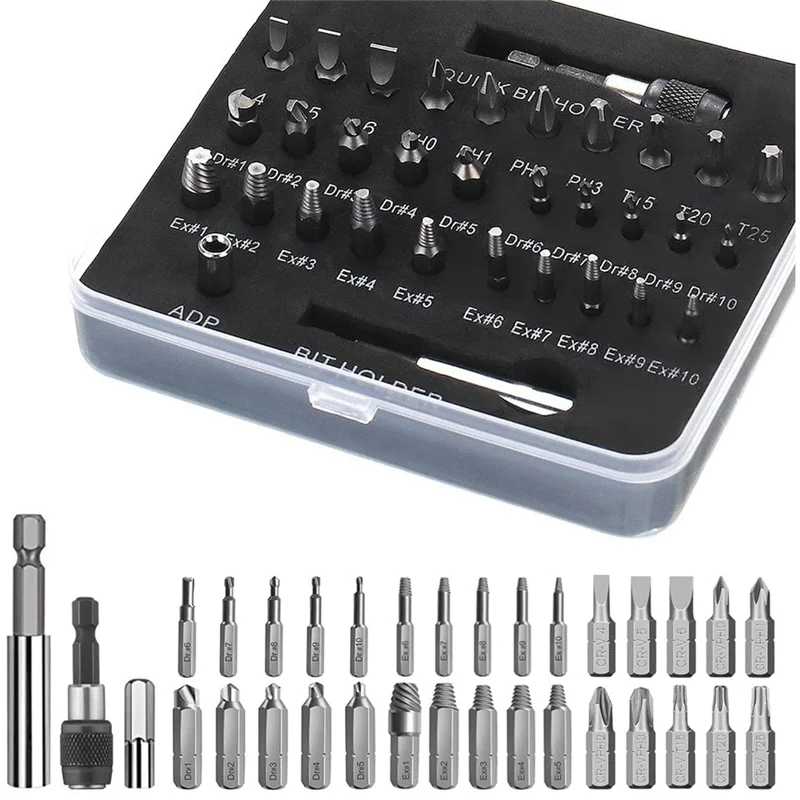 

A21Q -33Pcs Damaged Screw Extractor Kit & Screwdriver Bits Set Easy Out Stripped Screw Bolt Extractor Set