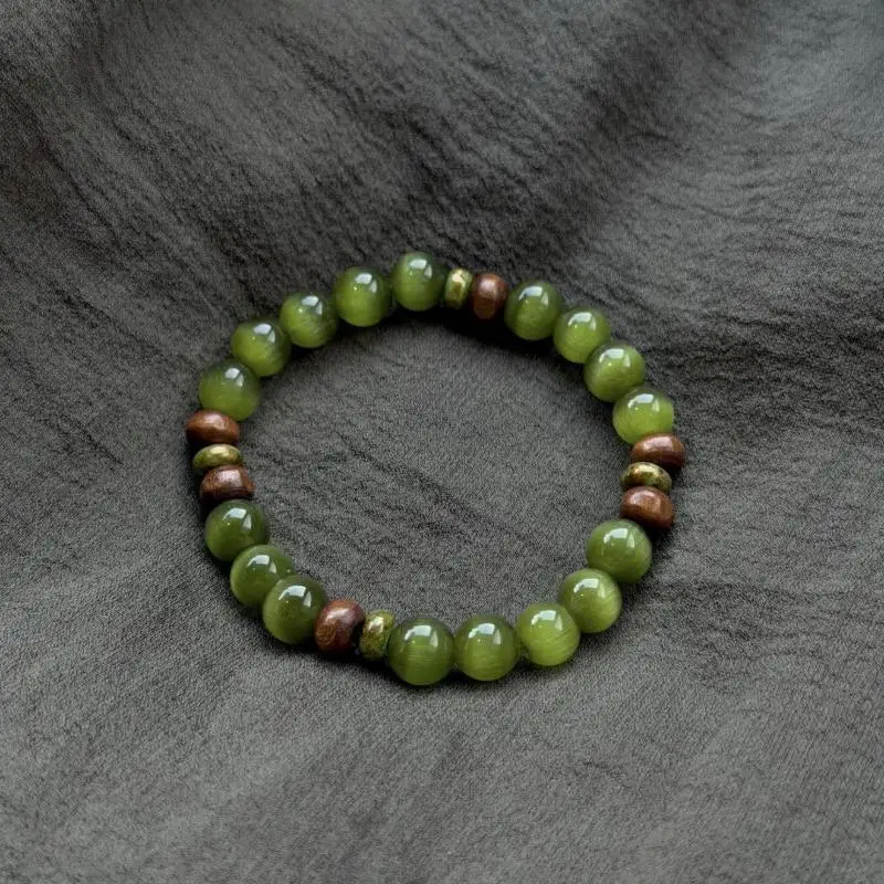 Boho Style Green Beaded Bracelet Retro Natural Wooden Spacer Elastic Bangle for Music Festival Outdoor Activity Wear