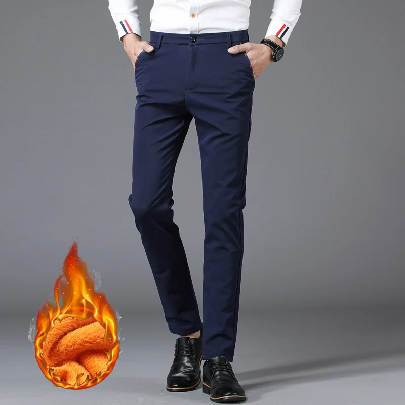 

Men Winter Thermal Blazer Pants Fashion Snow Warm Plush Fleece Straight Leg Baggy Pants Business Casual Black Blue Trousers