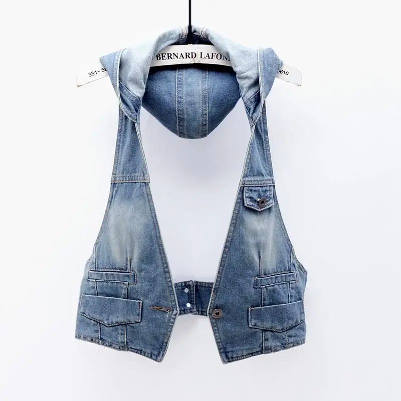 2026 Vintage Denim Vest Women Hooded Short Spring Summer New Korean Femme Slim Sleeveless Waistcoat Women Jeans Vest