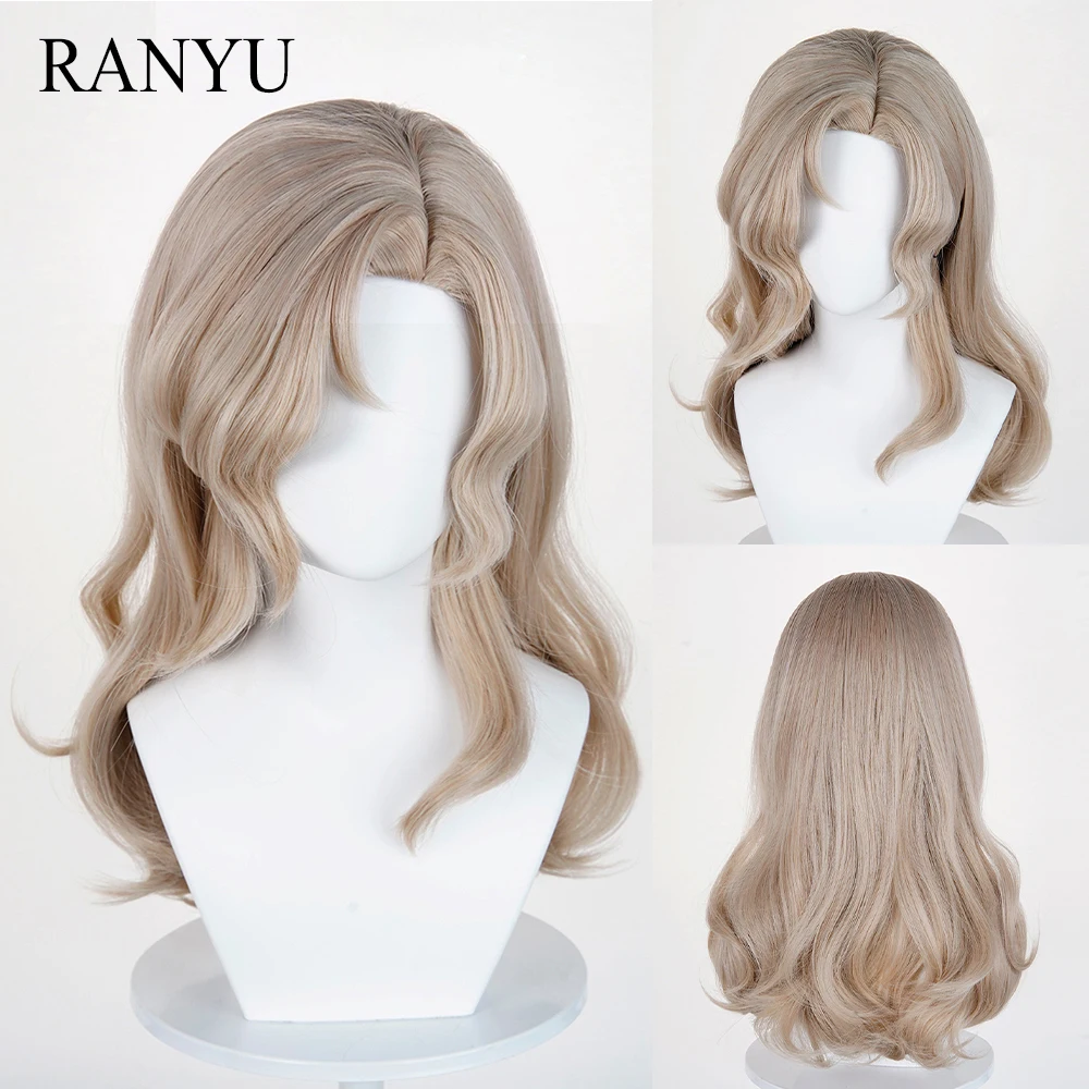Flaxen Medium Long Wavy Wigs Synthetic Anime Game Cosplay Fluffy Wig Heat Resistant for Daily Party