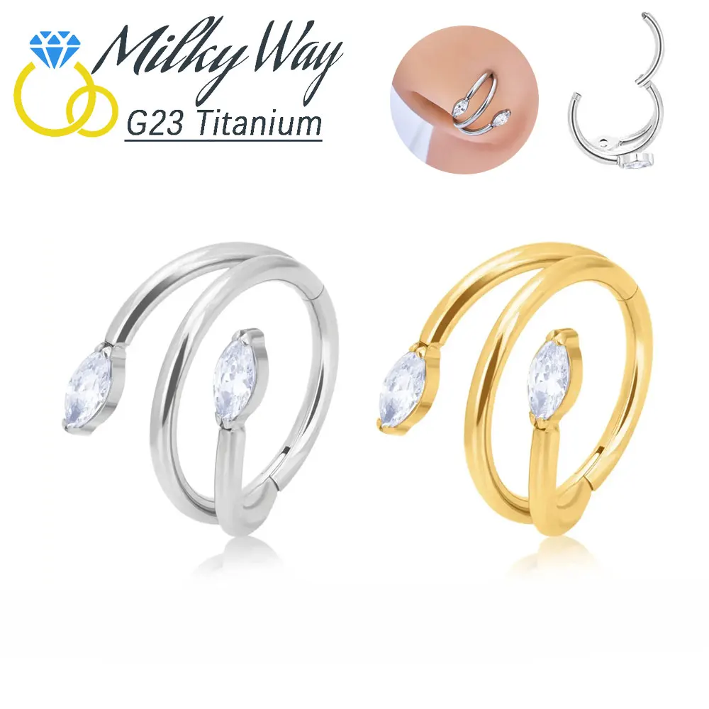 Fashion ASTM F136 Titanium Earrings Tricyclic Hoop With CZ Stone Nose Rings Ear Cartilage Tragus Lip Piercing Women‘s Jewelry