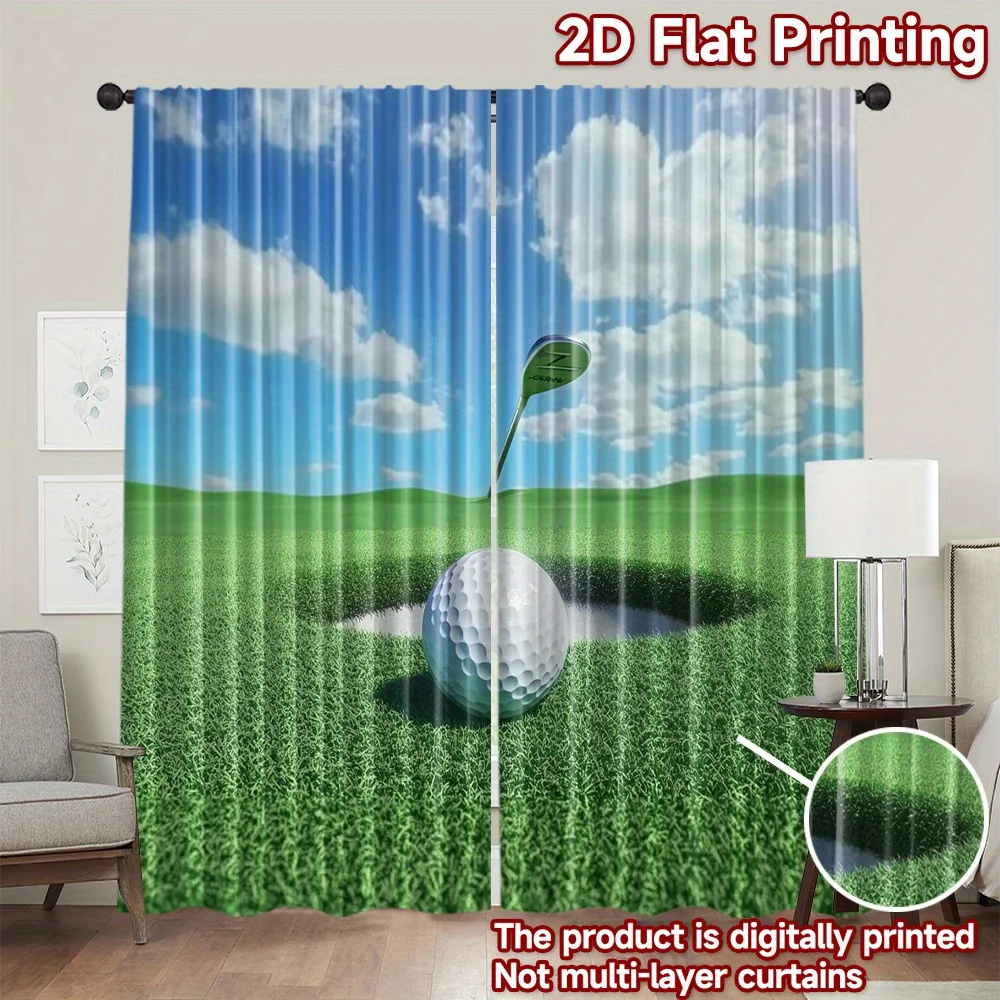 3D Golf Course Curtains, Green Grass Sky Print Window Drapes, Sports Theme Home Decor, Blackout Fabric for Living Room Bedroom
