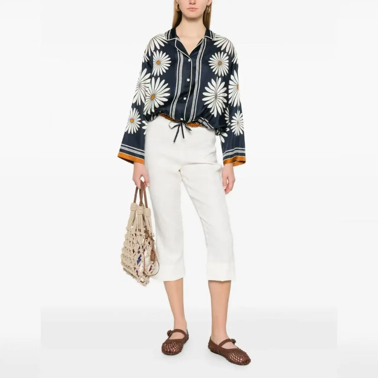 

French Style Casual Daisy Print Shirt And Pants Set Women's Loose Fit Long Sleeve Collarless Spring Summer Outfit