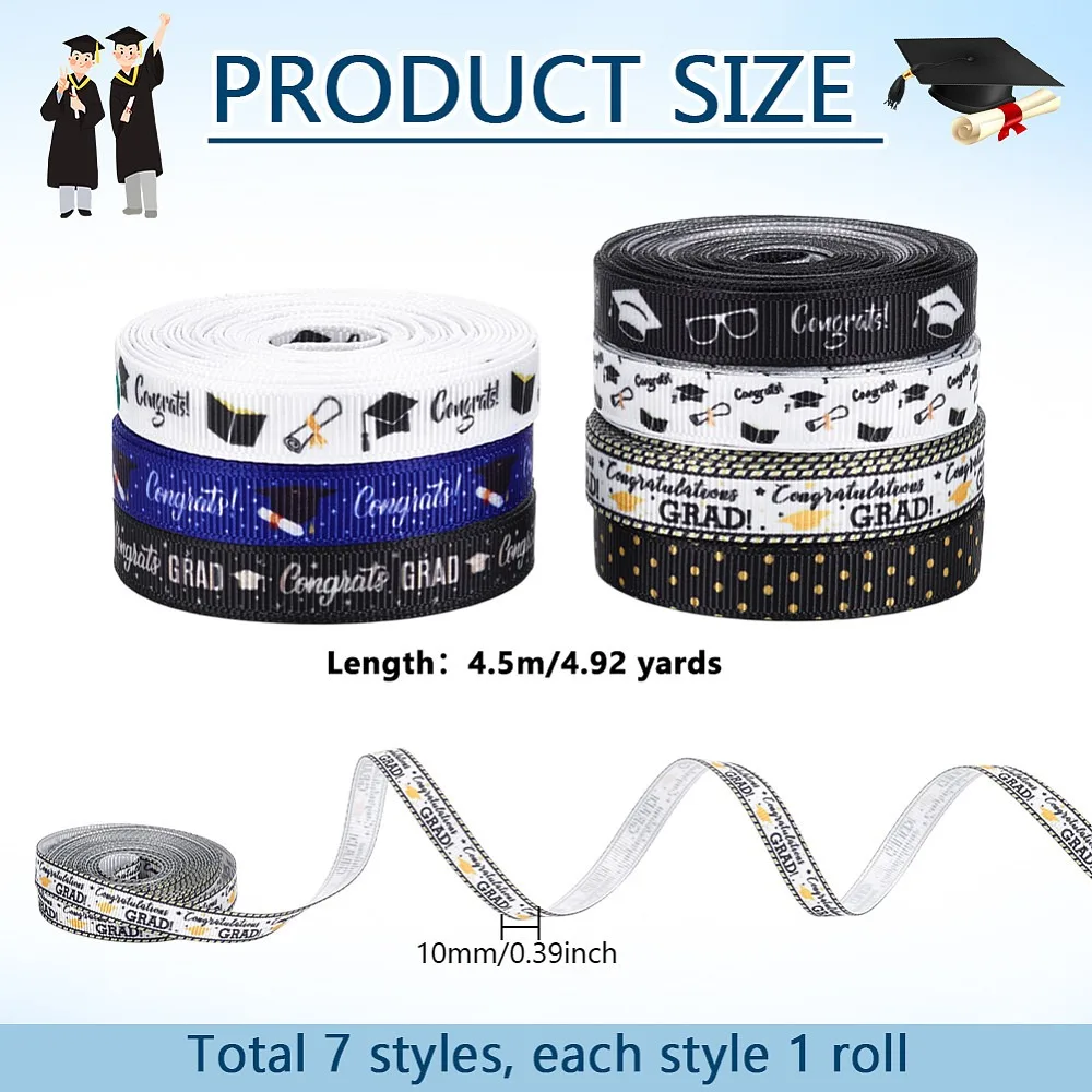 7 Roll 7 Colors Congrats Theme Polyester Printed Grosgrain Ribbon for Gift Wrapping Mixed Color 3/8 inch(10mm) 1 roll/color