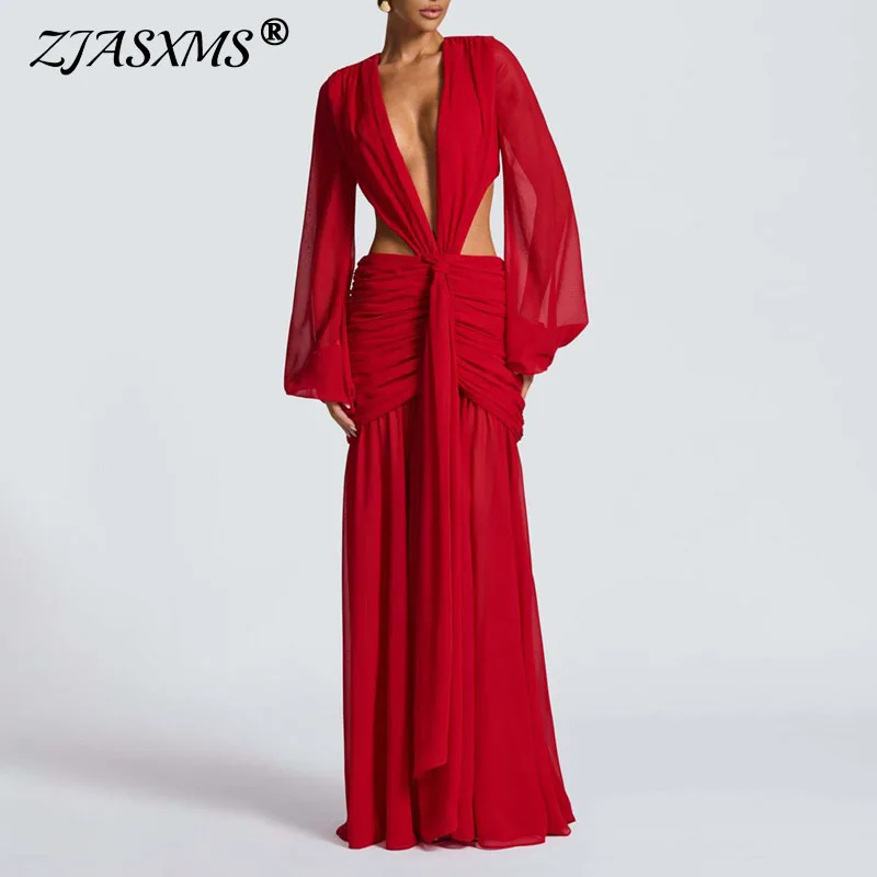 New Autumn Pleated Loose Backless Womans Dress Sexy Irregular Solid Deep V Neck Long Dress Elegant Long Sleeve Hollow Prom Dress