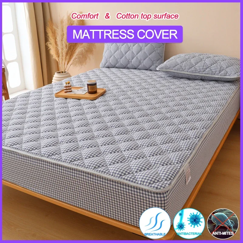 100% Cotton Top Surface Mattress Cover, Breathable Antibacterial & Anti-Mites Fitted Mattress Protector with Plaid Design