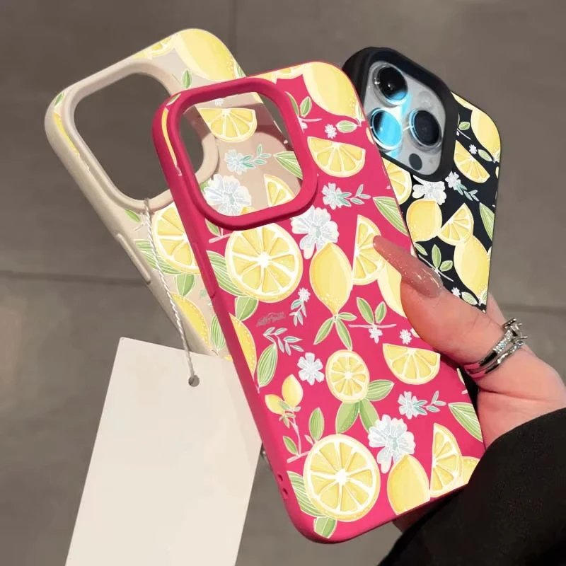 حافظة لهاتف آيفون 16 15 14 13 12 11 برو ماكس شريحة ليمون صفراء نمط Lichee غطاء pHONE لهاتف آيفون XS Max X XR 16 Plus Funda