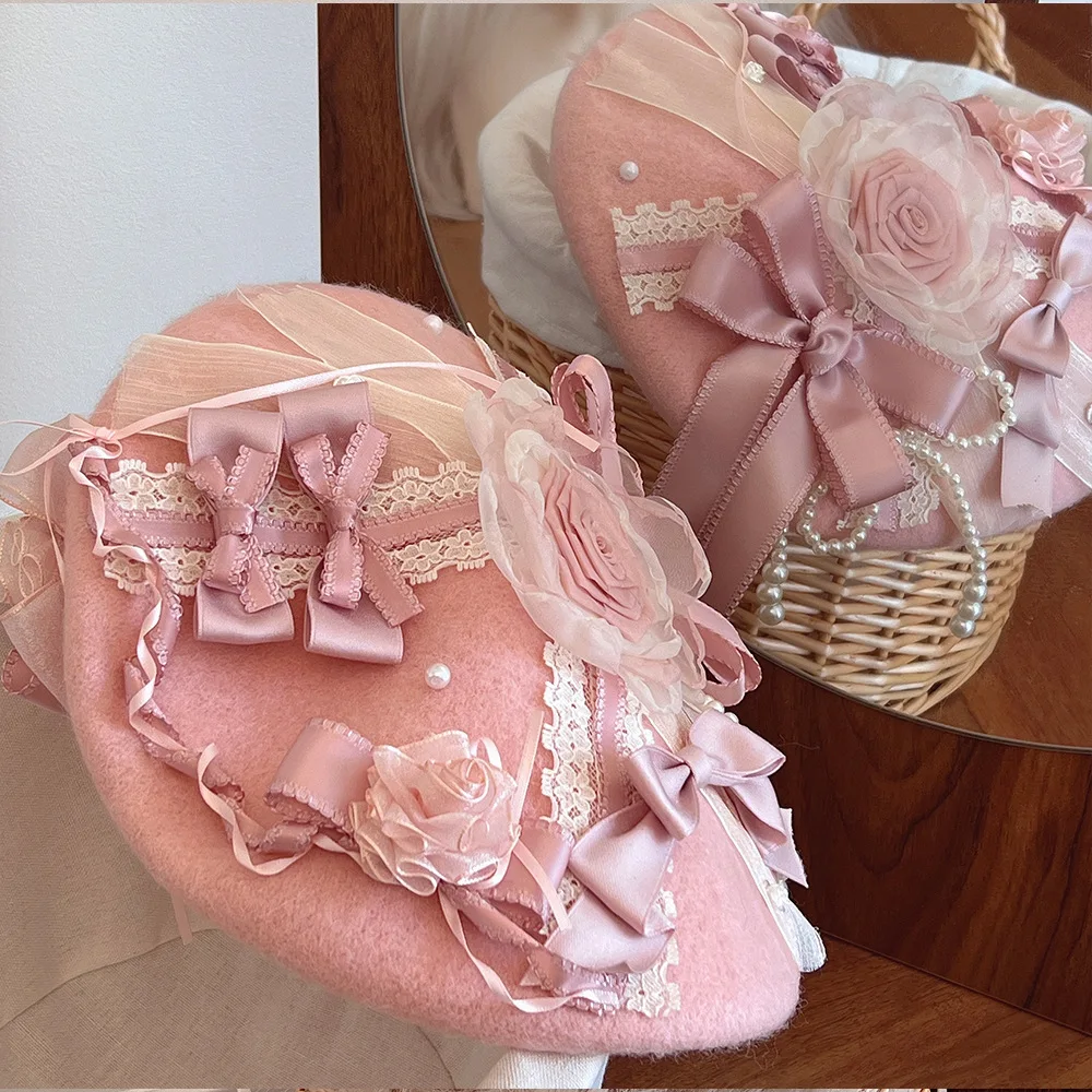 اليدوية زهور الكاميليا الصوف القبعات النمط الأجنبي تنوعا الوجه الصغيرة الدافئة براعم الرسام قبعة امرأة #4