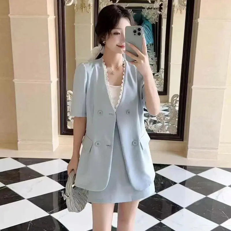 

Lace Patchwork Suit Coat Women Sweet Elegant High-waisted Slim A-line Skirt Summer Korean Half Sleeve Two Pieces Set