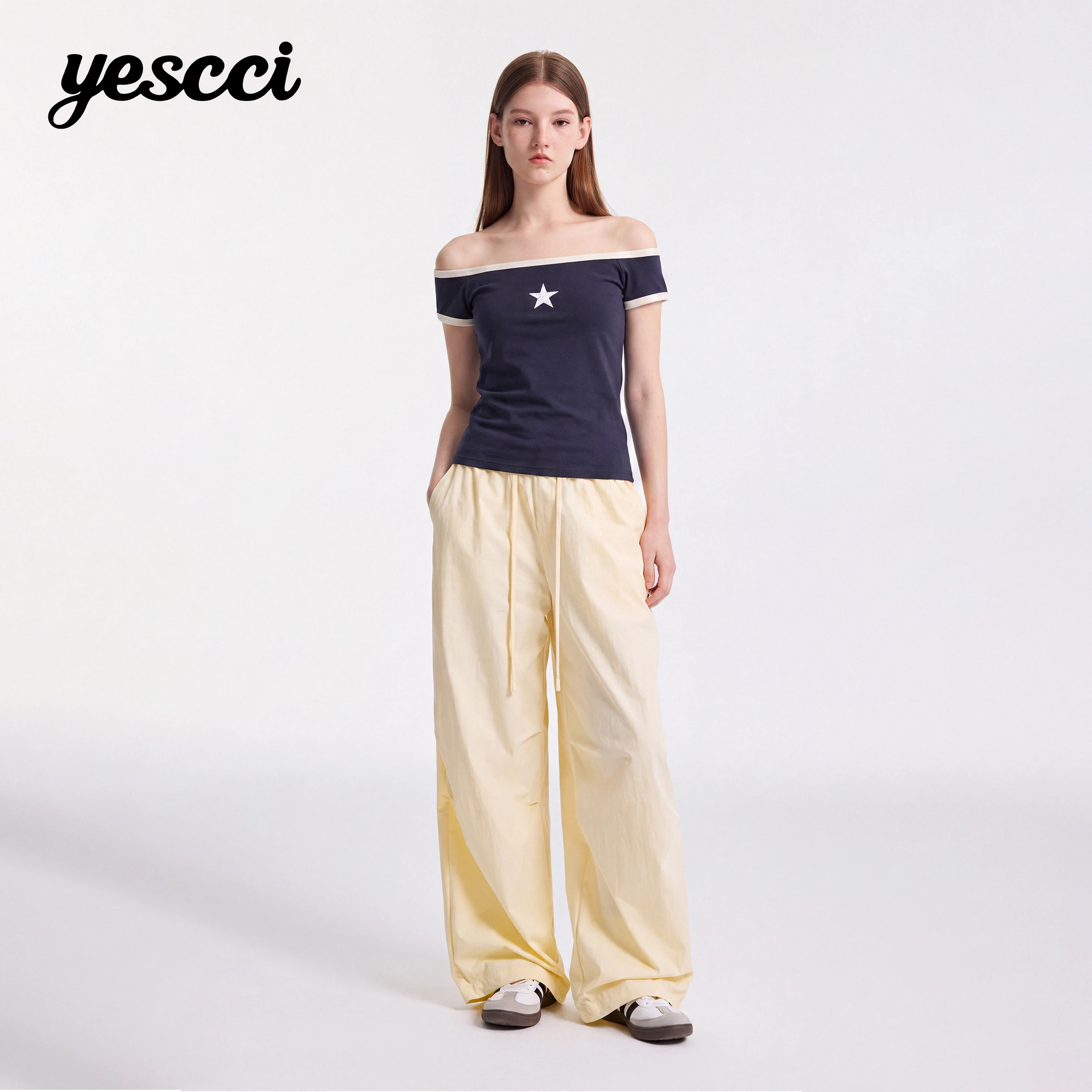 YESCCI Off Shoulder Women T-Shirt 2026 Summer New Colorblock Star Print Stretch Tee Shirt Short Sleeve Stylish Tops S56320736