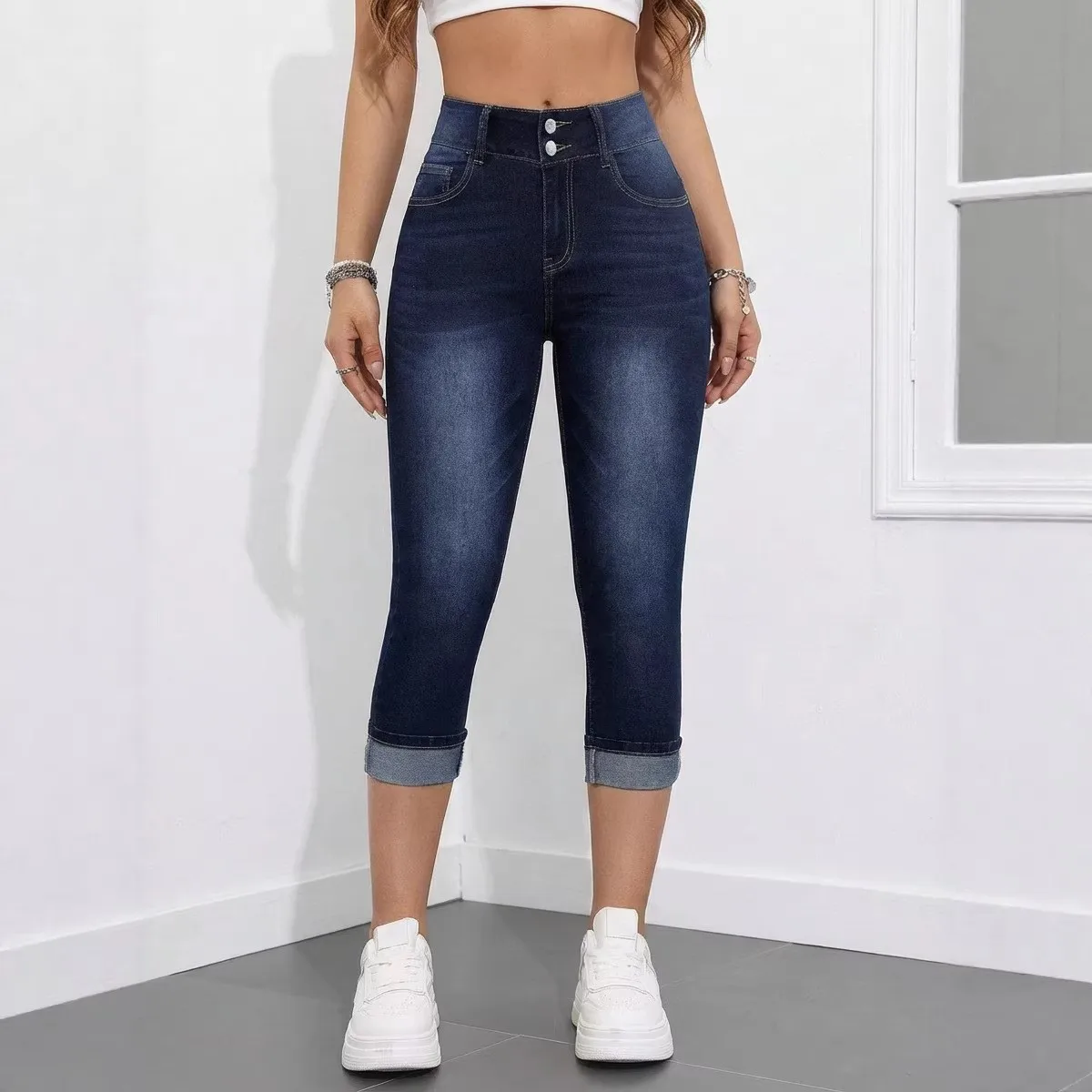 Cropped Retro Jeans High Waist Slim Fit Denim Pants Button Front Five Pocket Skinny Cropped Capri with Rolled Cuff and Faded