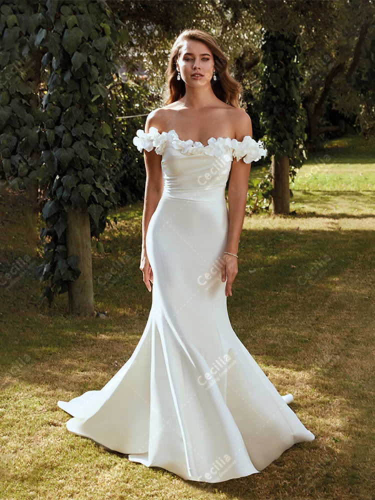 Elegante Brautkleider Satin Brautkleider von der Schulter scheide Meerjungfrau fegen Zug Roben für Bräute Vestidos de Novia 2024