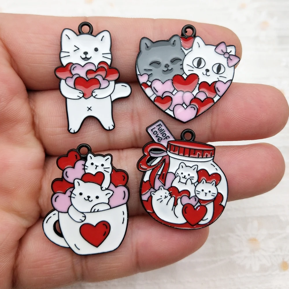 10pcs Love Cat Charms for Jewelry Making Enamel Necklace Keychain Phone Pendant Diy Accessories Alloy Metal Black Plated