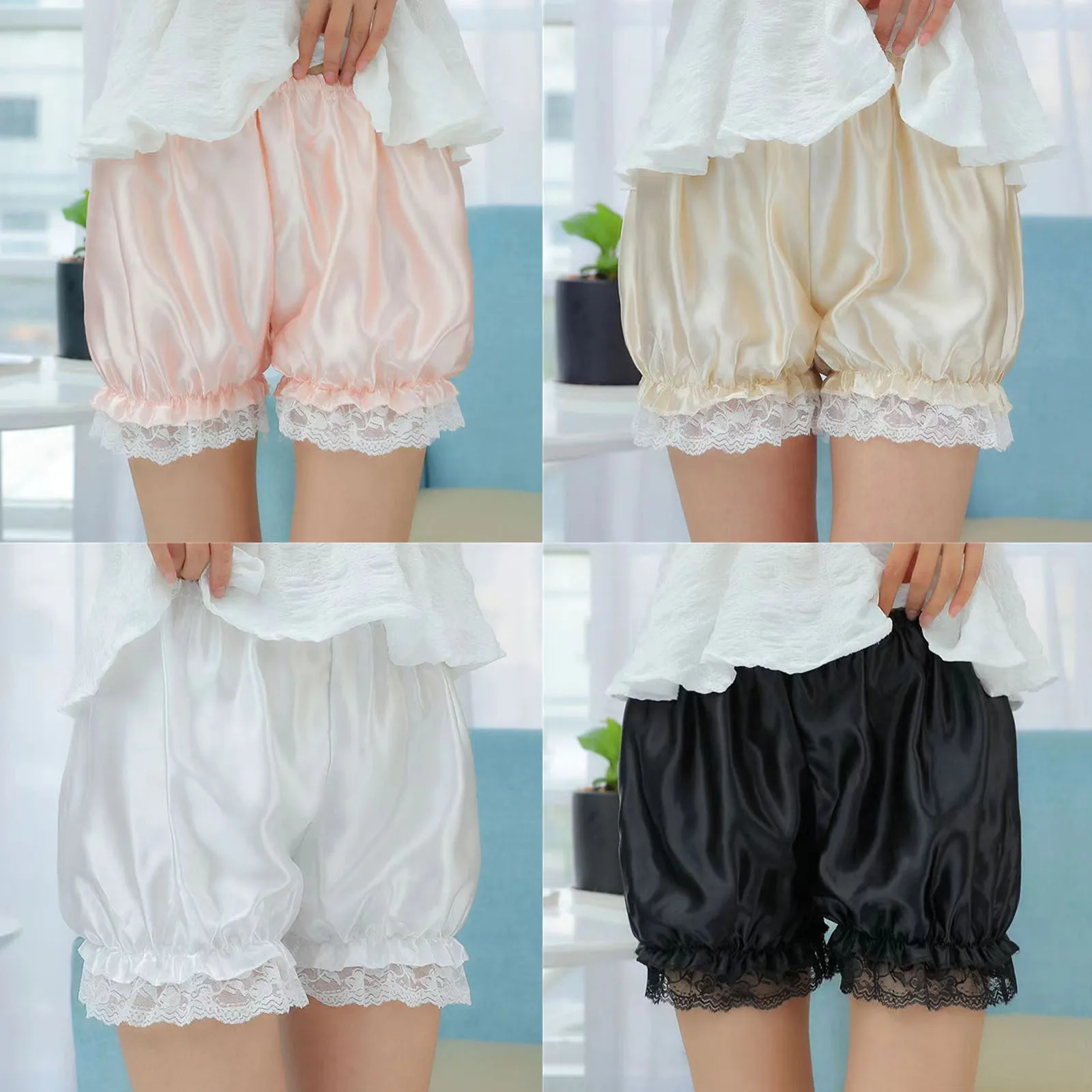 Women Satin Silk Bloomers Ruffles Lace Trim Kawaii Pumpkin Panties JK Bloomers Victorian Lolita Safety Short Pants Knickers