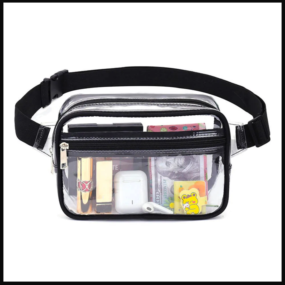 Riñonera negra transparente para hombre y mujer, bolso de cintura transparente de talla grande con correa ajustable para conciertos, eventos deportivos