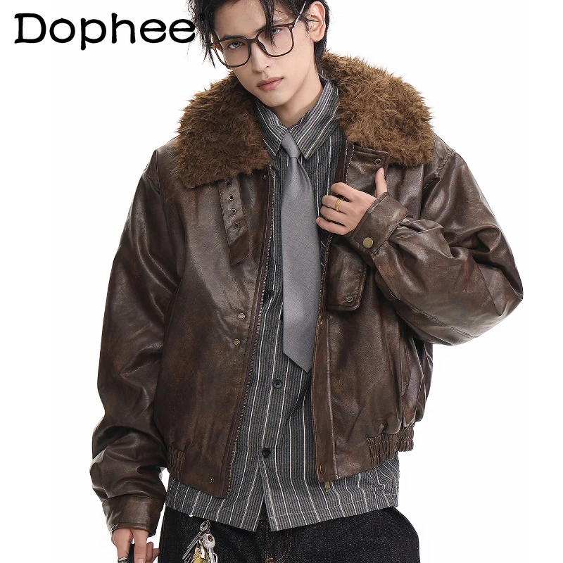 Parka Kulit PU Kerah Bulu Imitasi Trendi Musim Dingin 2025 untuk Pria, Atasan Gaya Motor High Street, Parka Kulit Tebal