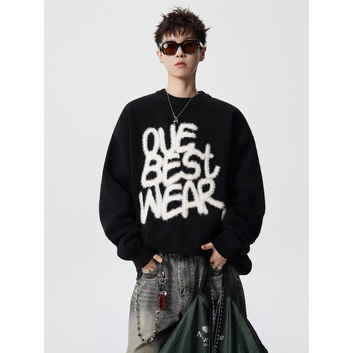 

American Sle Fce Letter Heavyweight round Ne Sweater ex Winter New Trend Loose Lazy Knitted Top for Youth