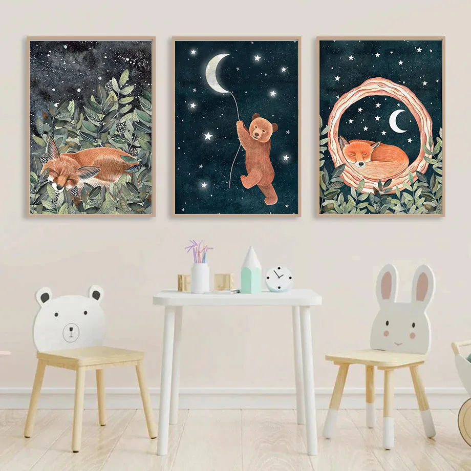 Woodland Forest Animals Night Sky Wall Art Bear and Moon Poster Fox Deer Sleeping Illustration Canvas Painting Kids Room Decor