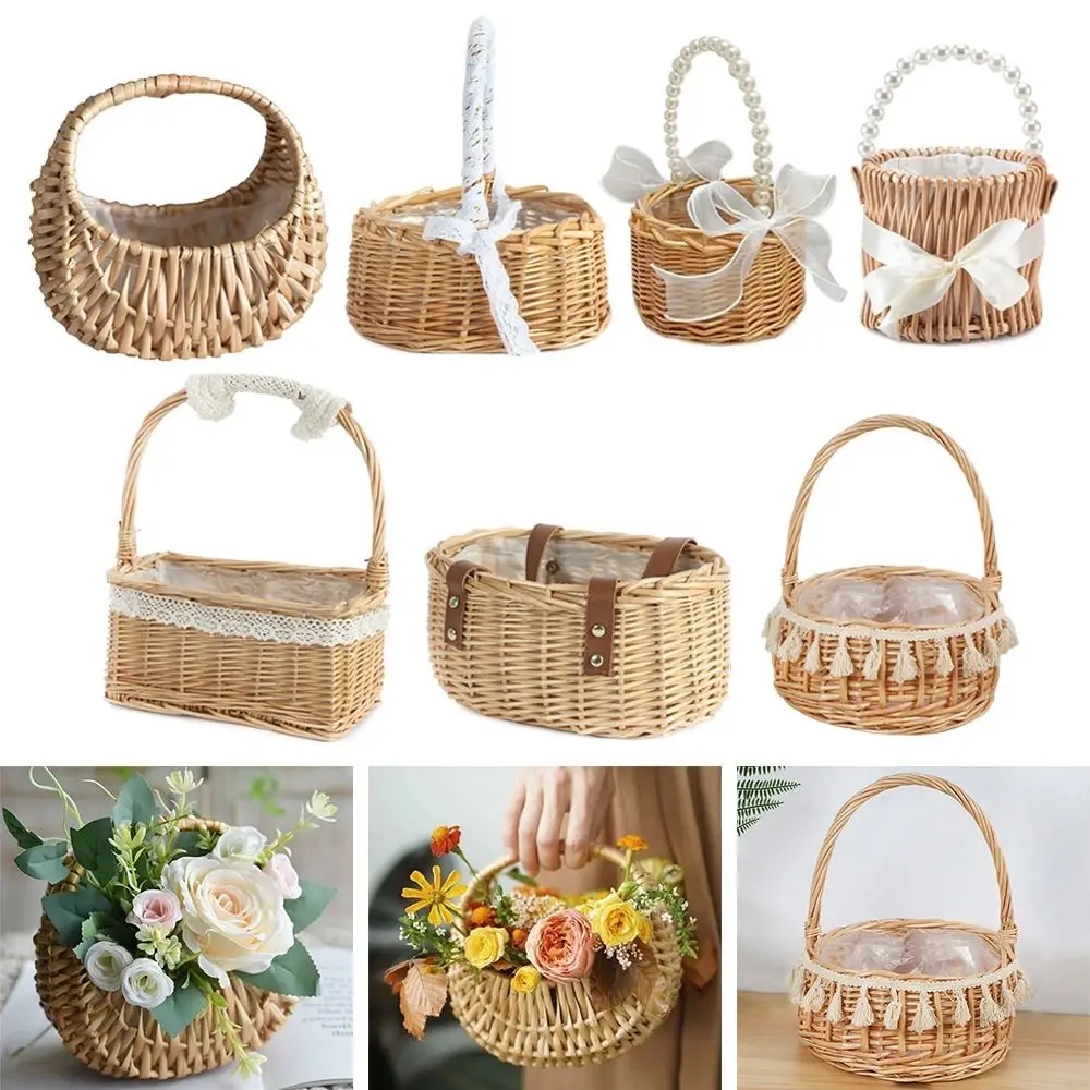 

Willow Rattan Flower Girl Baskets Yellow Woven Basket Flower Arrangement Basket Sturdy Picnic Container Wicker Half Moon Baskets