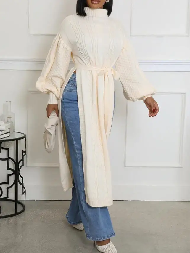 

Текстурированный свитер с высоким воротником, рукавами-фонариками, галстуком-бабочкой на талии и высоким разрезом, повседневный длинный вязаный топ