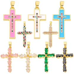 Juya 18K Real Gold Plated Enamel Cubic Zirconia Christian Cross Charms For DIY Religious Christmas Pendant Rosary Jewelry Making