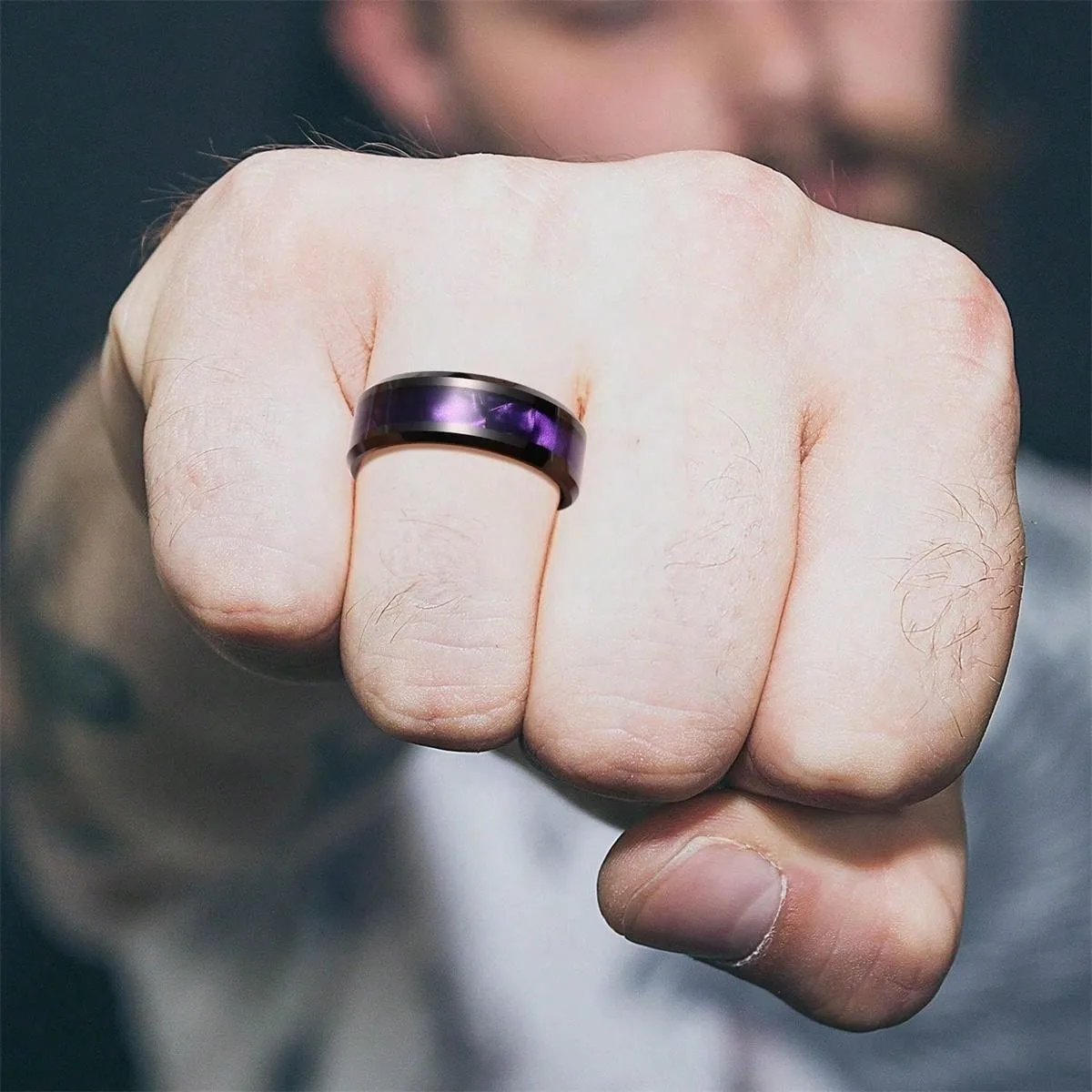 Fashion 8mm Black Stainless Steel Rings for Men Women Inlay Purple Shell High Polished Men Promise Rings Wedding Party Jewelry
