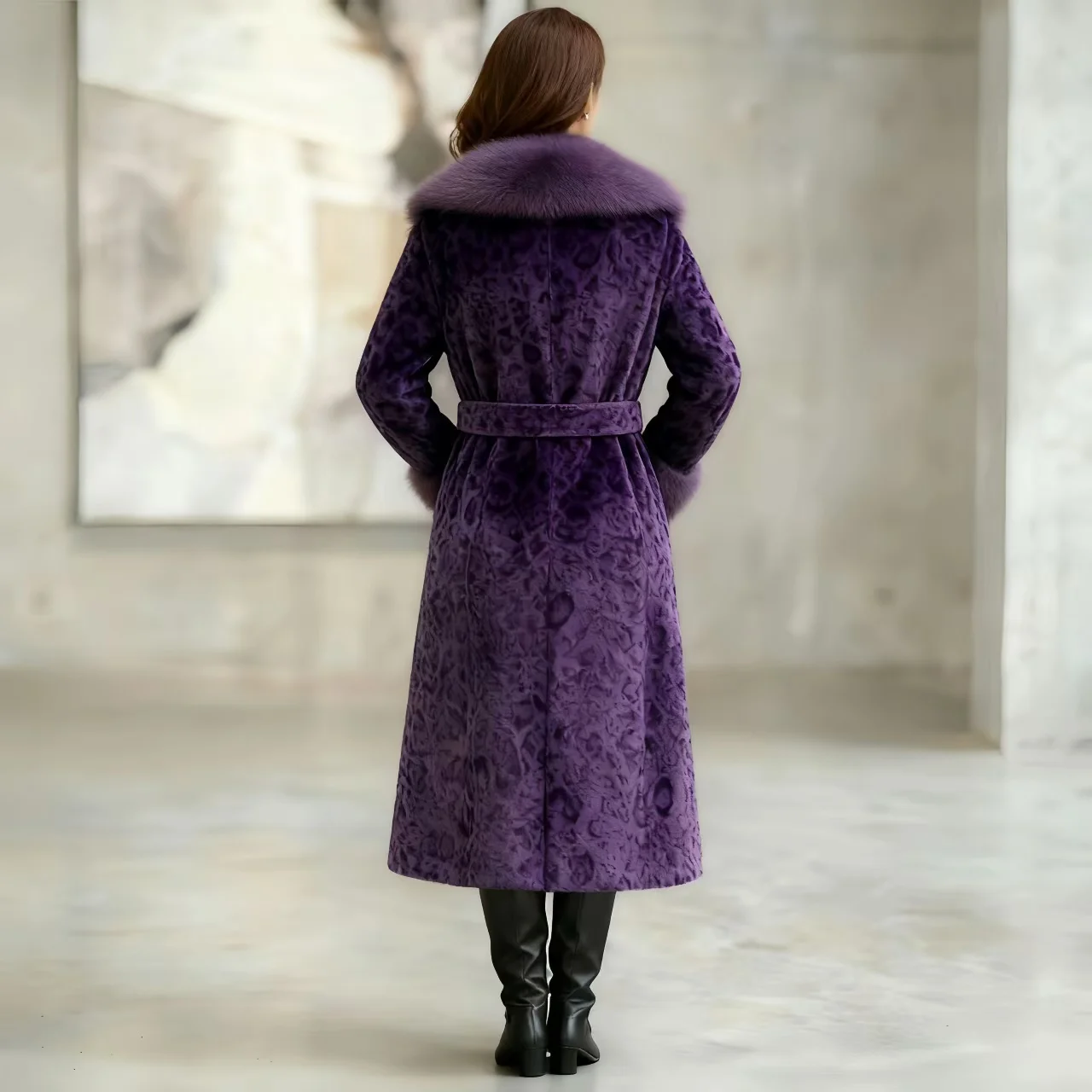 Leopard Print Fur Coat Female Adjustable Waist Long Jacket Autumn Winter Fashionable Clothes with Fur Collar