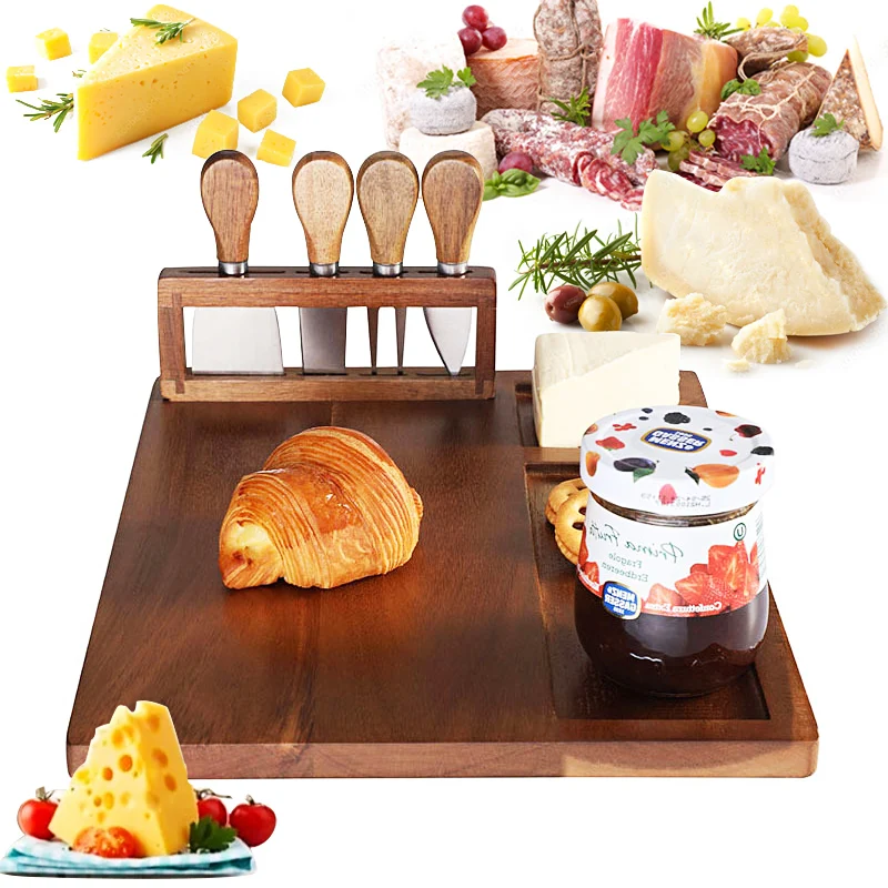 

Cheese Board with 4 Knives Set Charcuterie Boards Acacia Wooden Cheese Serving Board Cut Cheese Platter Fot Outdoor Party Tray