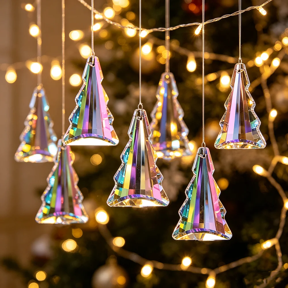 76mm Pine Tree Shape Crystal Suncatcher Prism Mesmerizing Display Rainbows Garden Hanging Christmas Tree Decor Car Pendant Gifts