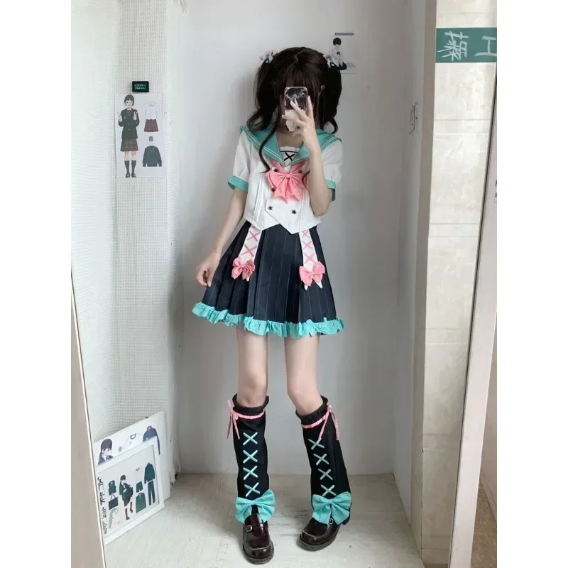Original Kawaii Katze isst Fisch Matrosenanzug Top Rock Fliege Beinabdeckung Frauen japanische Mode Cosplay JK Anzug Schulkleidung
