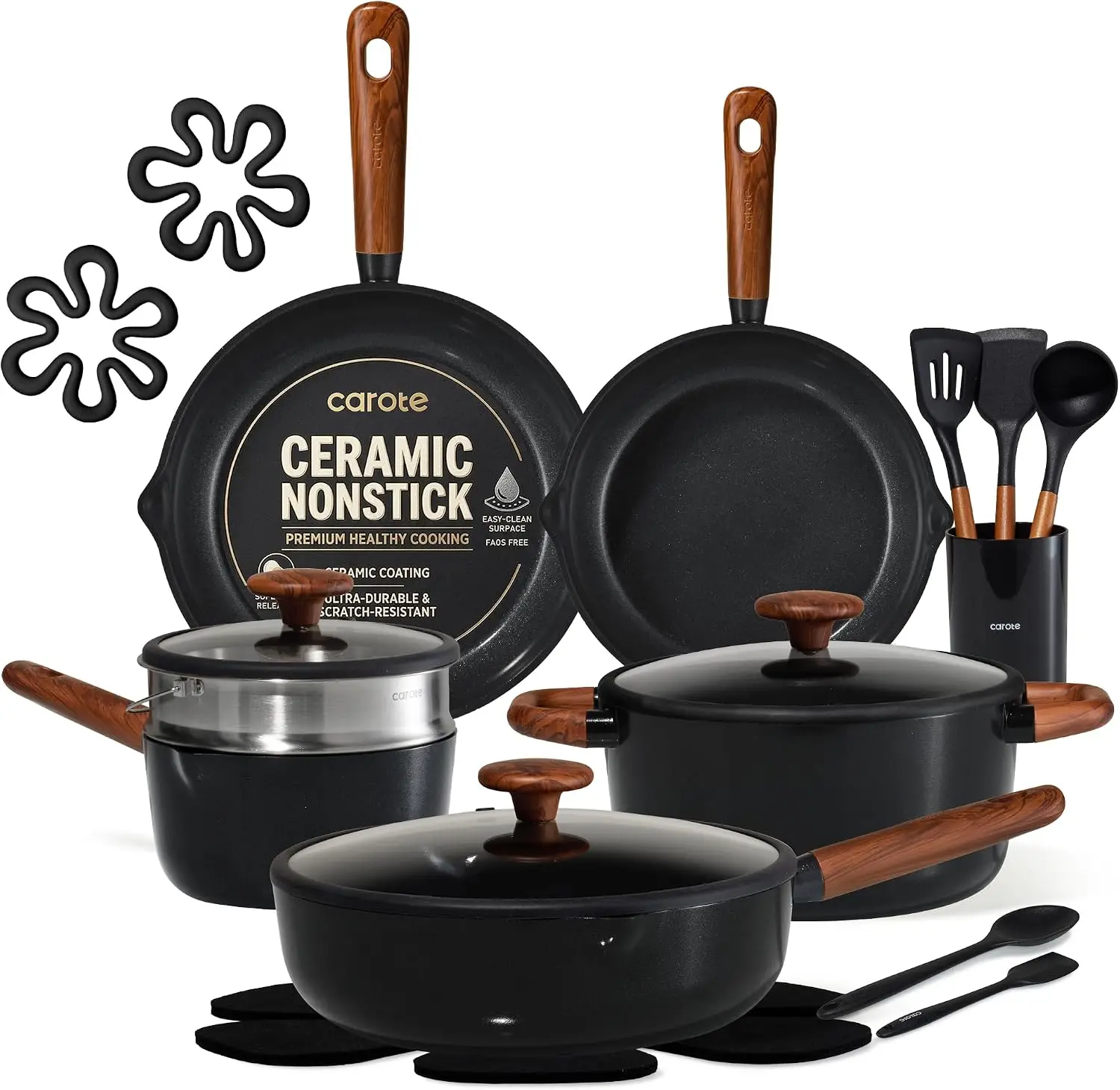 21 Pcs Ceramic Cookware Set Pots Pans Set Non Toxic Healthy Cooking Set Silicone Lids Dishwasher Safe Even Heating Steamer Silic