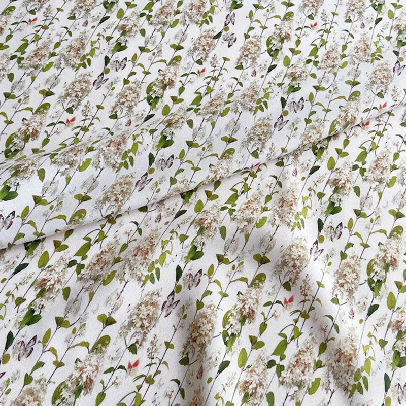 114CM Wide 16mm Floral Printed Thin White Silk Crepe de Chine Fabric for DIY Sewing Comfortable Soft Pants Dress Pajamas C001-62