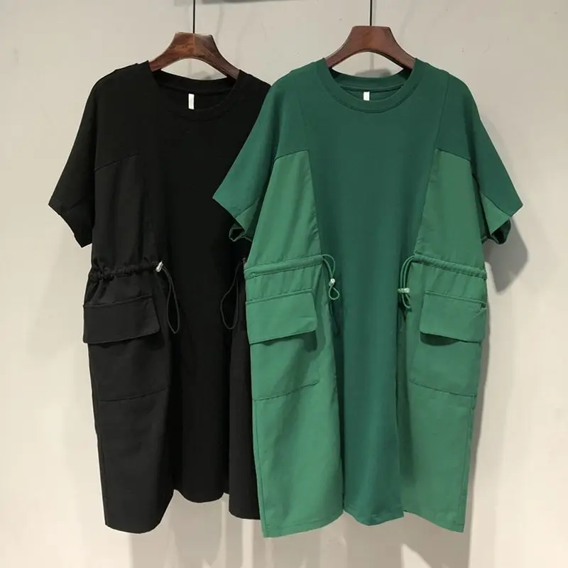 

O-neck Dresses New Women Clothing Fashion Loose Simplicity Casual Office Lady Patchwork Pocket Solid Color Drawstring Pullovers