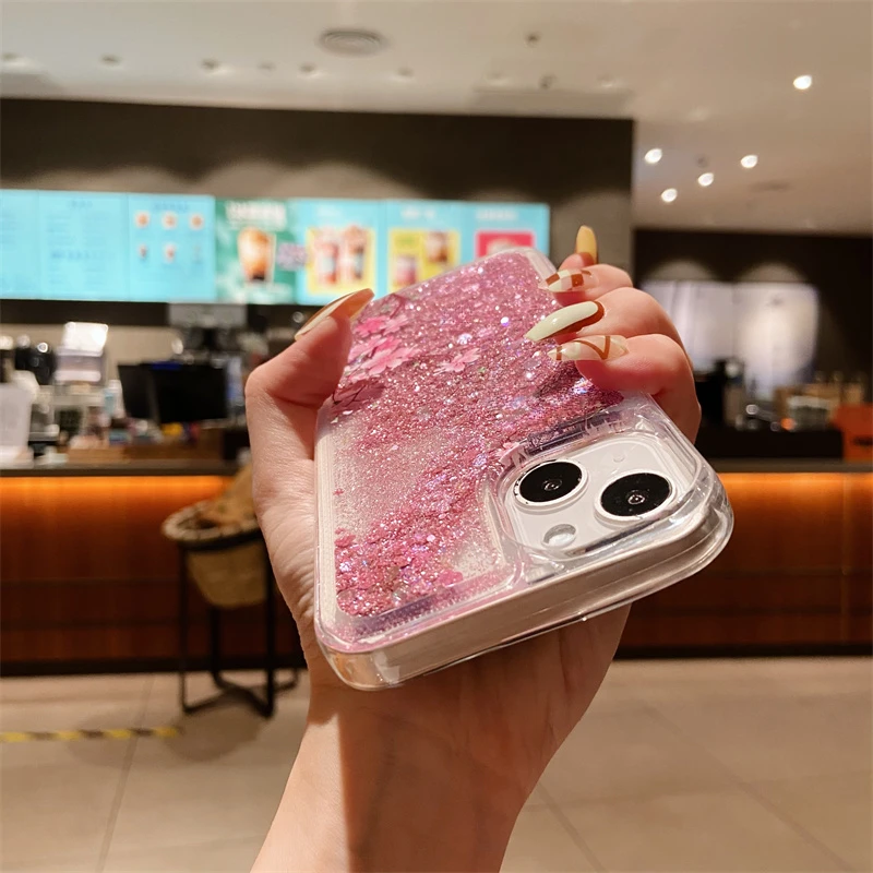 Pink Glitter Quicksand for iPhone 15 Pro Max 13 14 Case Cover Peach Blossom Silicon Coque Liquid Sand Shell Funda Arena Movediza