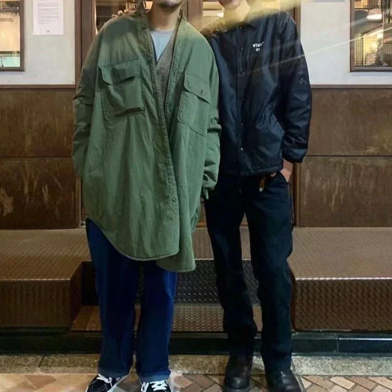 Fashion Medium Long Silhouette Loose Cotton Jacket INS Casual Men Oversized Coat Japan Style New Arrival