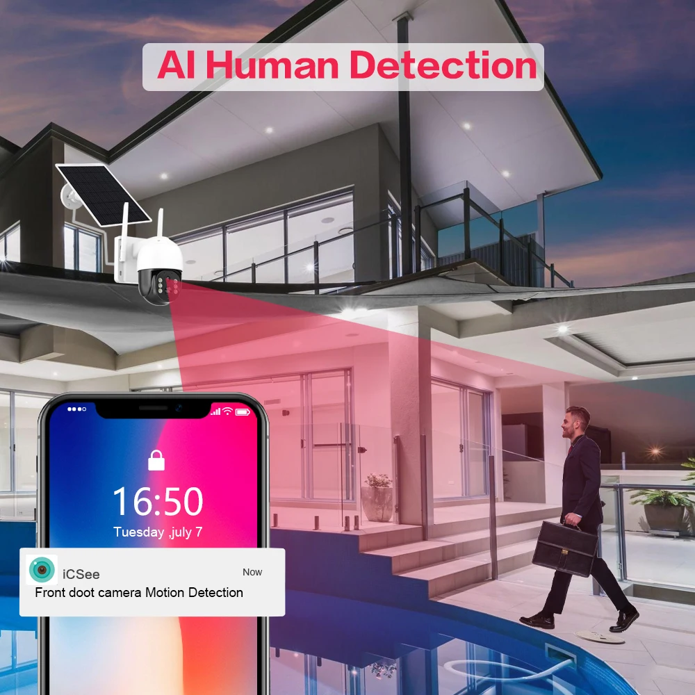 Caméra de sécurité Wi-Fi Smart Home, 5MP, batterie solaire, vision nocturne, suivi automatique, audio bidirectionnel, caméra IP de surveillance PTZ ICSee, document