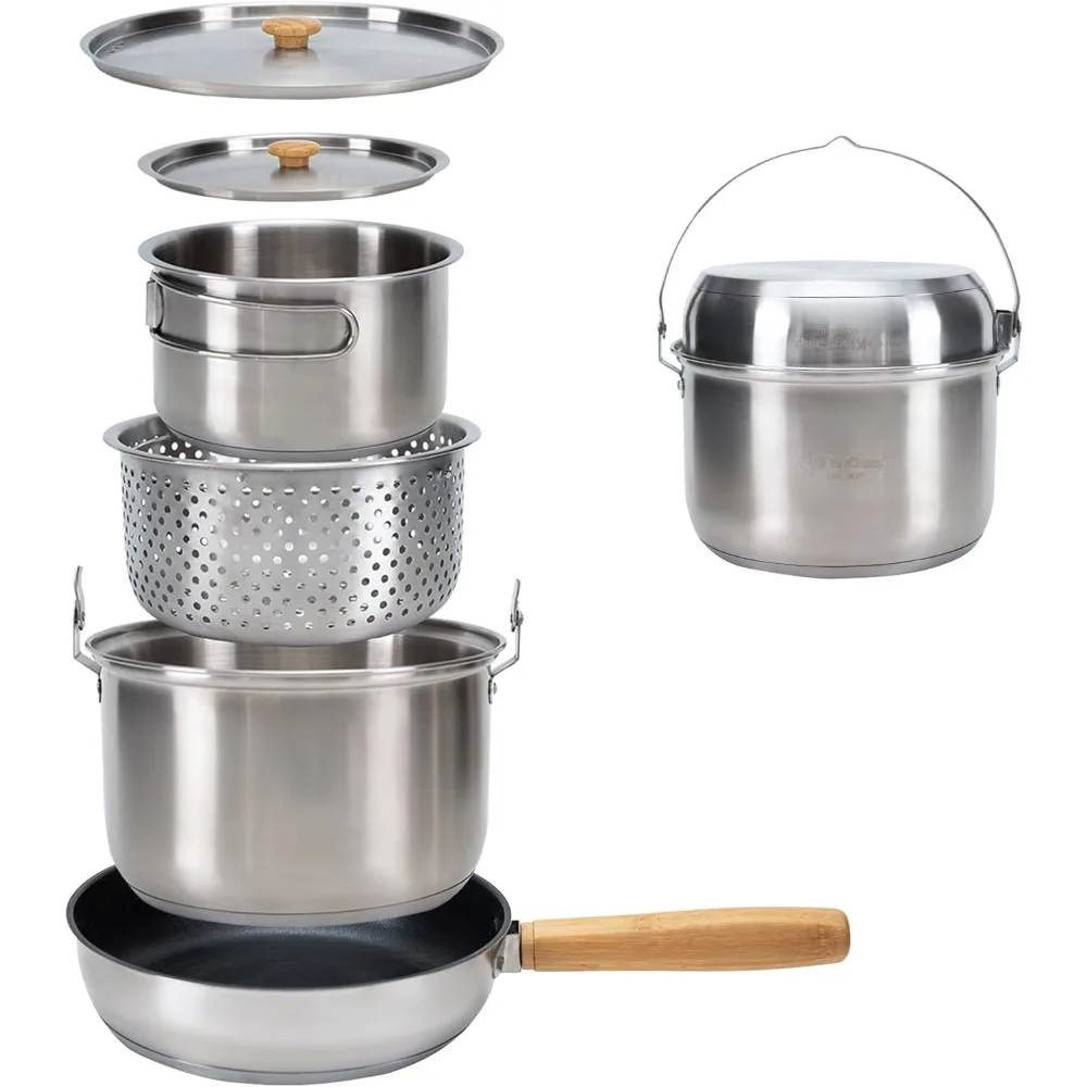 

Camping Cookware Set 304 Stainless Steel Campfire Cooking Pots Pan and Kettle with Travel Tote Bag for Camping Outdoor Kitchen