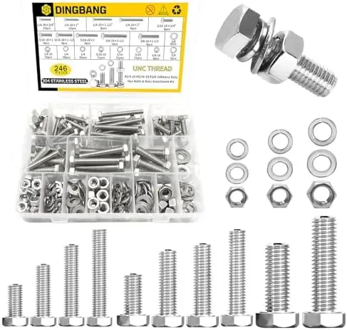 

246Pcs Stainless Steel Hex Bolts & Nuts Kit - 1/4-20, 5/16-18, 3/8-16 with Washers for Home, Auto, Industrial Use
