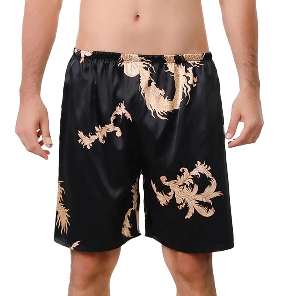 1pc Men Print Sleep Bottoms Shorts Loose Sleepwear Ice Silk Satin Pyjama Short Pants Breathable Comfortable Loungewear