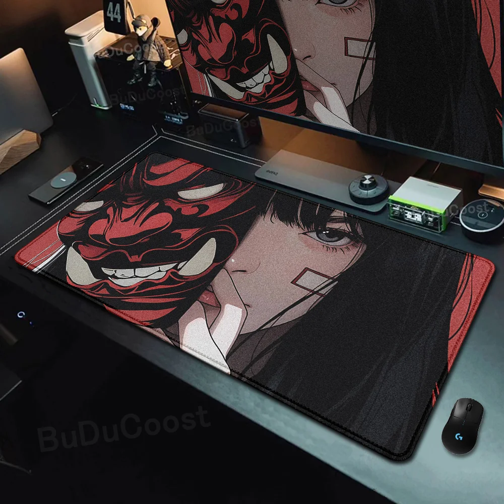 Large Natural Rubber Mouse Pad Gamer Anime Oni Mask Girl Game Keyboard Desk Mat 40x90cm Antislip Computer Desktop Protective Rug