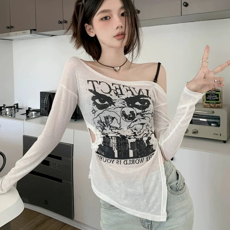 Women Hollow Streetwear Long Sleeved T-shirts Lady Off Shoulder Slip Graphic Tops Female Soft Skew Collar Slim Fit Mesh Clothes