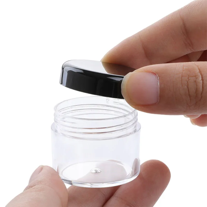 100pcs 10g 15g 20g Cosmetic Cream Jar Black Cap Plastic Bottle Clear Face Cream Sample Pot Container Empty Refillable Bottles