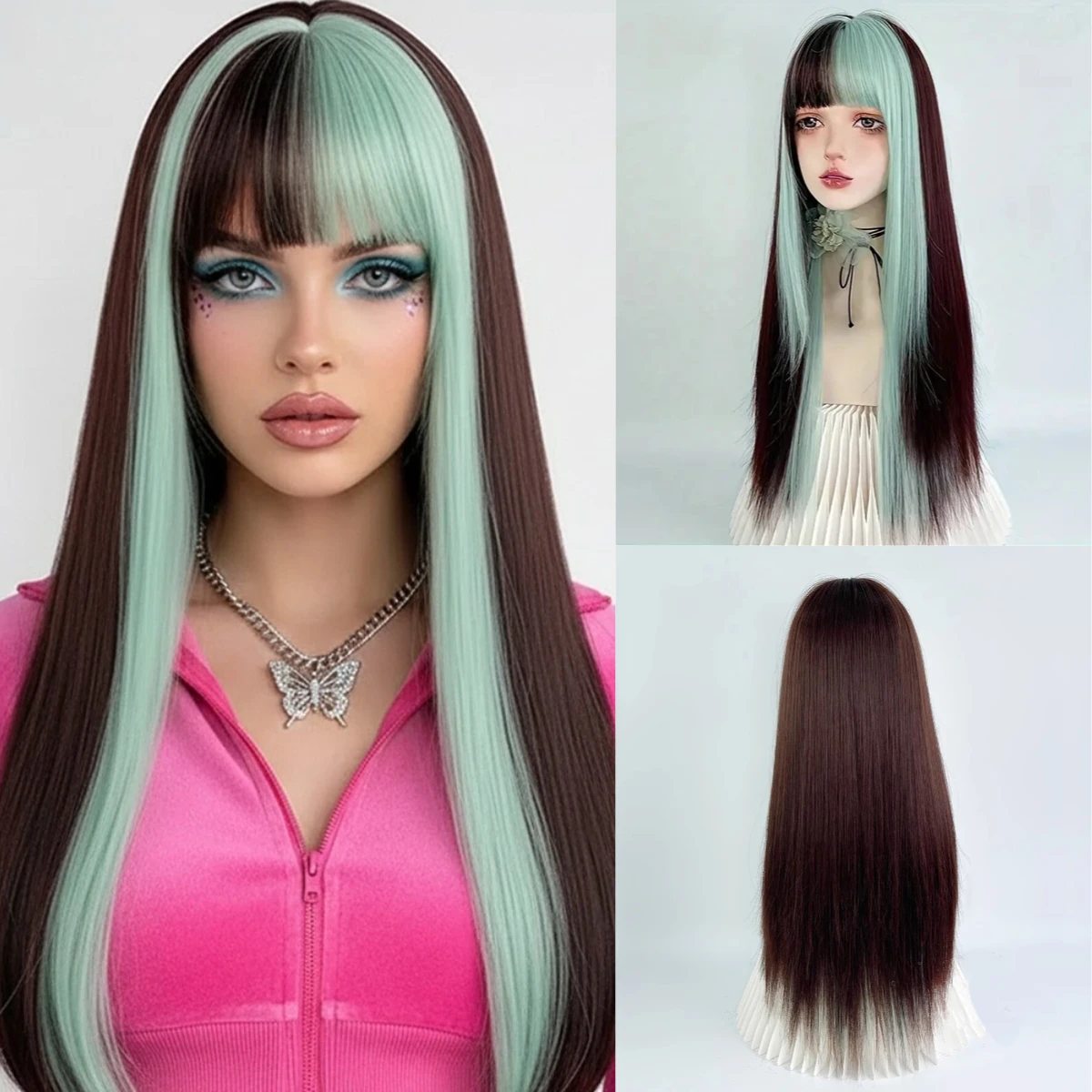 Long Straight Green Brown Layered Ombre Mixed Wig Synthetic Women Fluffy Y2K Cosplay Hair Wig For Daily Party Heat Resistant