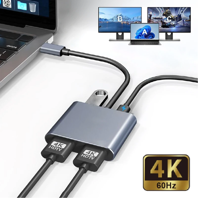 

USB C to Dual HDTV 4K@60Hz Adapter, 4-in-1 MST Display Hub, Type-C HDTV Splitter with USB PD, for MacBook PC TV Projector