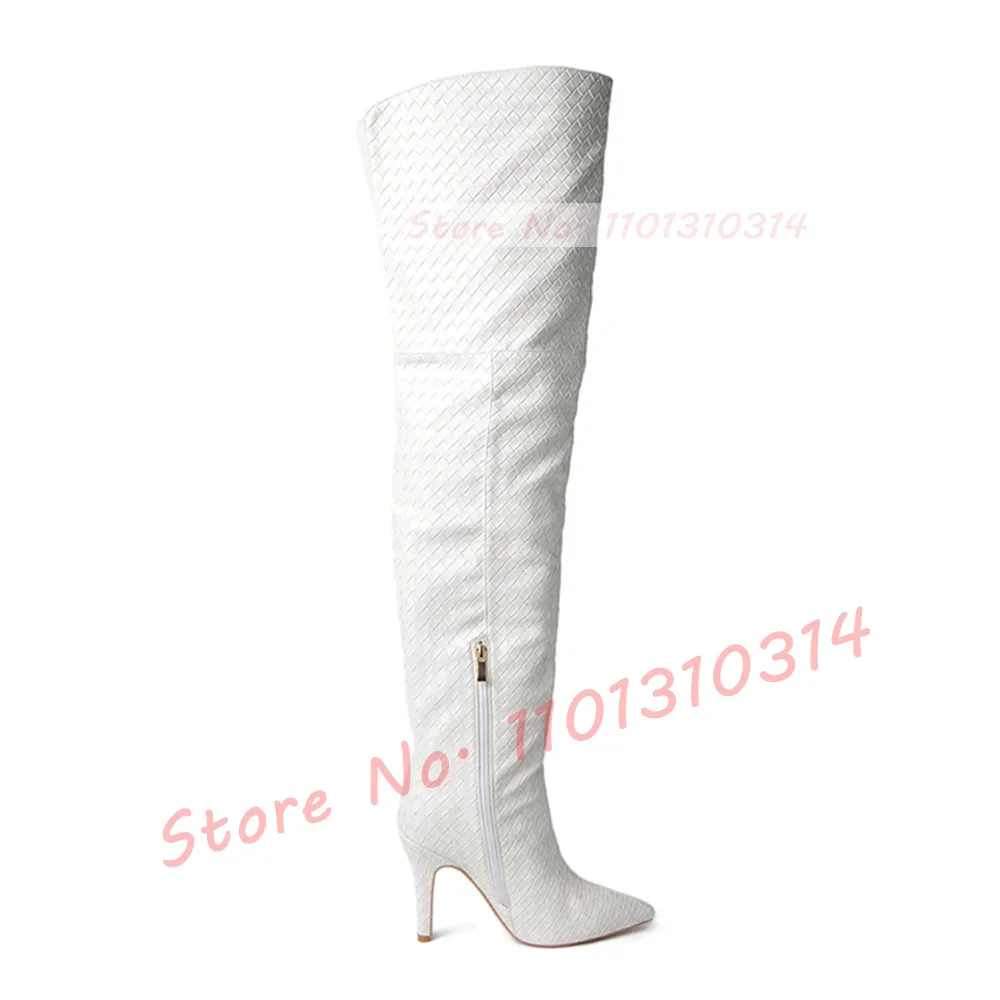 White Woven Thigh High Boots Ladies Sexy Back Hollow High Heels Boots Pointed Toe Street Style Women Side Zipper Casual Shoes