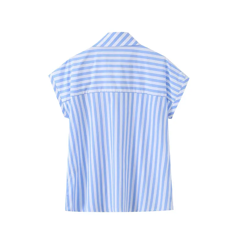 TFAFXY 2026 Summer Thin Women Blouse Striped Bow Sleeveless Single Breasted Blouse Fashion Loose Blouses
